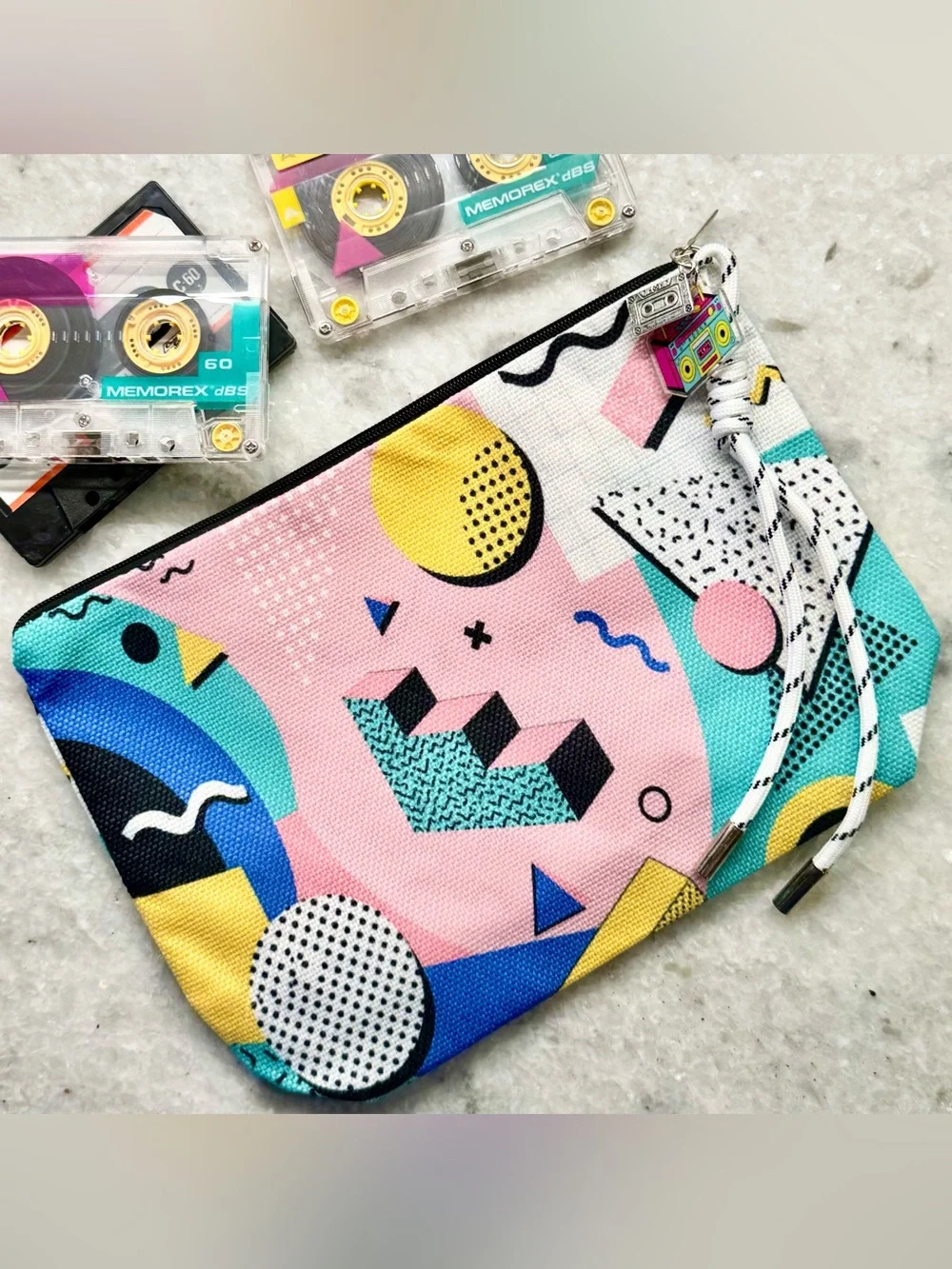New Geometric Retro 80s Style Zippered Makeup Bag w/ Cassette & Boombox Charms